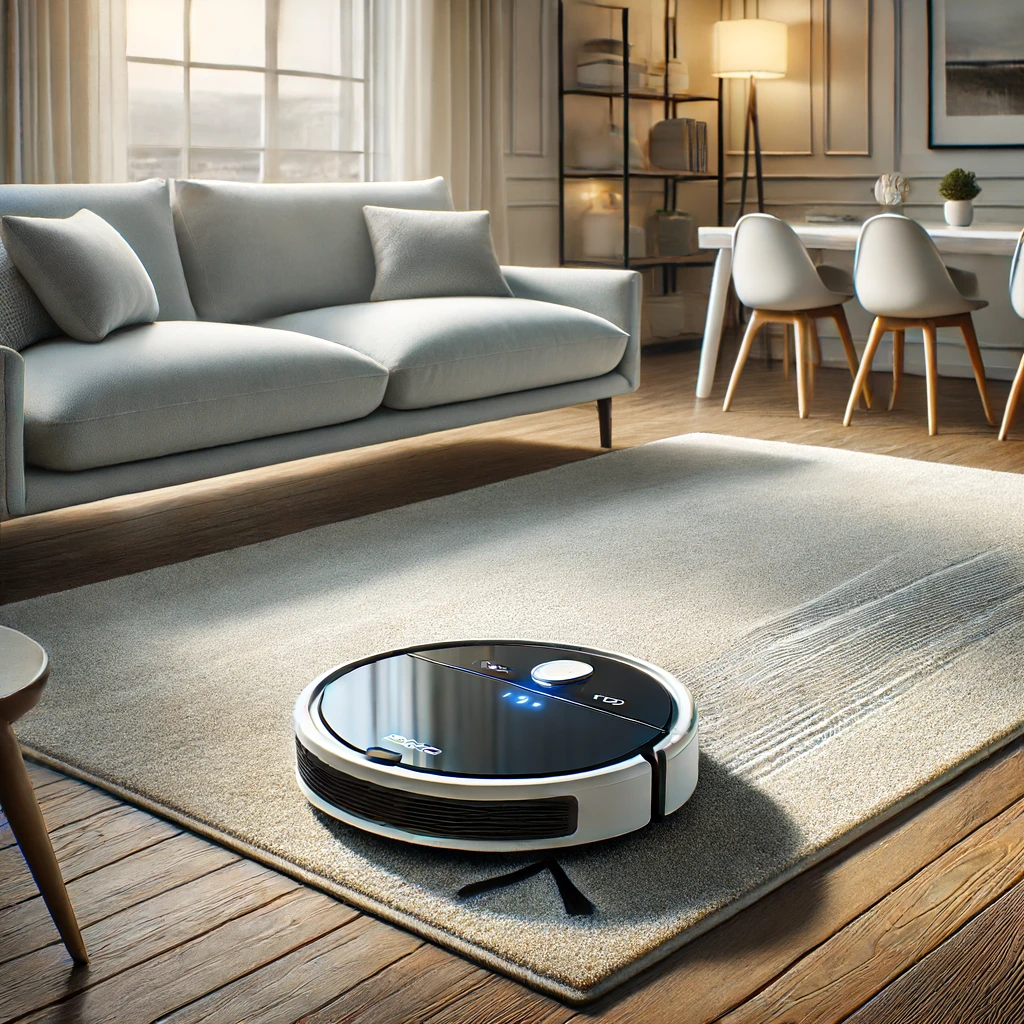 DALL·E 2024 06 17 18.09.13 A feature image showcasing a modern robot vacuum cleaner in action. The vacuum is sleek and futuristic cleaning a spotless stylish living room. The